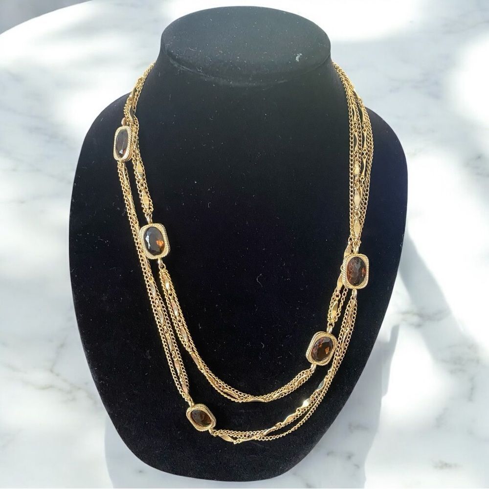Vintage Sarah Coventry Elegant GoldTone Multi-Layer Necklace RootBeer beads